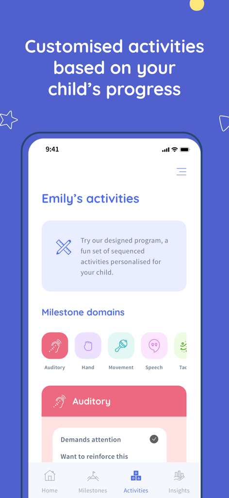 Baby Milestones & Development - Interface do aplicativo Alo mostrando atividades personalizadas de desenvolvimento infantil e domínios de marcos