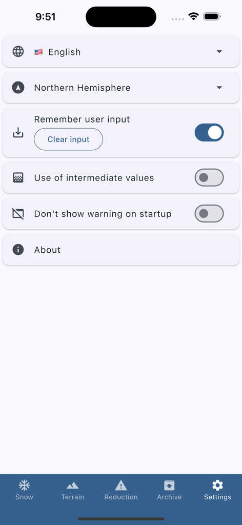 Nivocheck 1.0 - Settings screen of the Nivocheck 1.0 app showing options for language, hemisphere, and user input preferences.