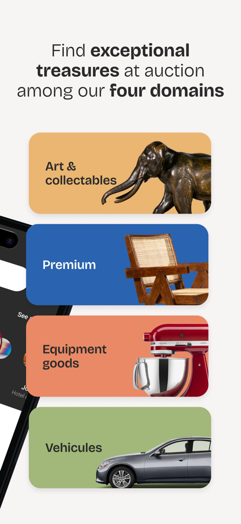 Mobile screen showing four auction categories including art premium items equipment and vehicles on the Interencheres app