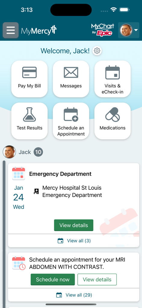 MyMercy - MyMercy patient portal dashboard showing health management features and appointment details