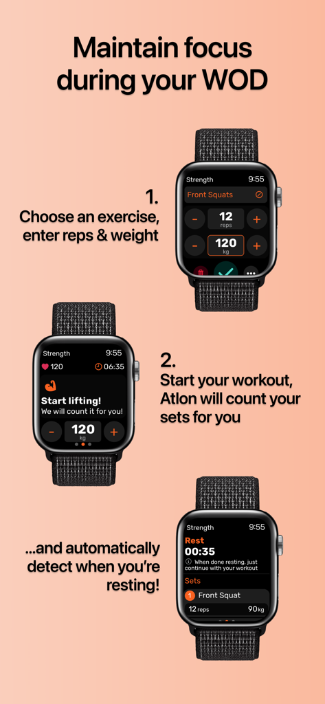 Tutorial que muestra cómo WOD Timer by Atlon en Apple Watch rastrea automáticamente series, repeticiones y períodos de descanso.