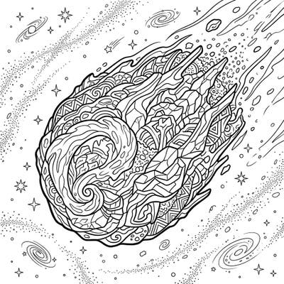 Embark on an astronomical journey with this intricate comet nuclei adult coloring page. Immerse yourself in the detailed patterns of its core, set against a backdrop of distant stars and galaxies, perfect for mindful relaxation.
