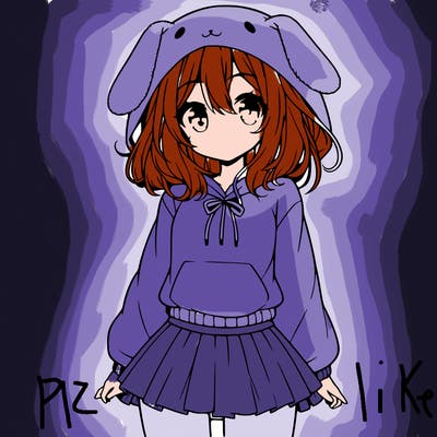 pretty anime girl wearing a fluffy hoodie with bunny ears on the hood and a skirt