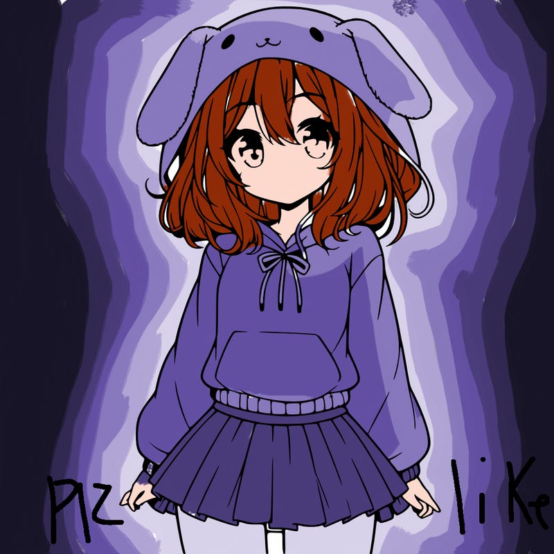 pretty anime girl wearing a fluffy hoodie with bunny ears on the hood and a skirt