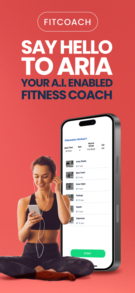 FITPASS - Fitness & Wellness - AI 기능이 활성화된 피트니스 트레이너 ARIA와 맞춤형 운동 루틴이 포함된 Fitpass 앱 스크린샷.