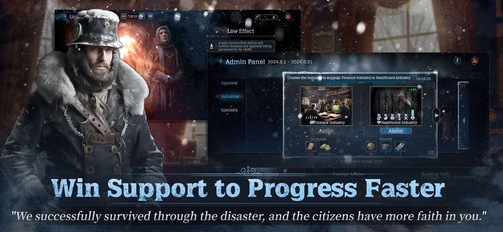 Gameplay screen of Frostpunk Beyond the Ice showing the admin panel and industry support choices