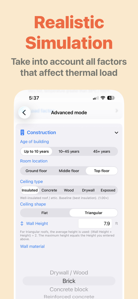 Advanced simulation interface of AC Calculator Pro app showing building construction details for thermal load