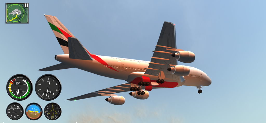 Flight Simulator FlyWings 2015 - Simulación de vuelo de Airbus A380 con tren de aterrizaje bajado e instrumentos de cabina mostrados