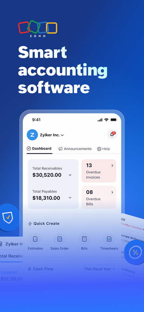 Accounting App - Zoho Books - Zoho Books app dashboard with financial totals and quick creation icons
