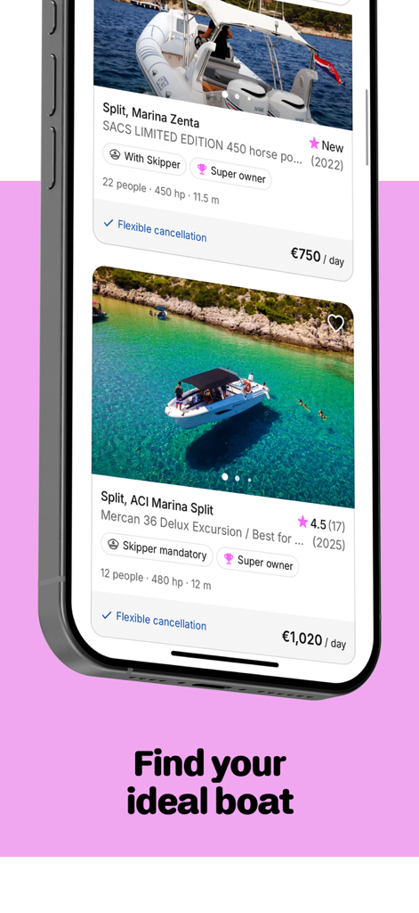 Interfaz de la aplicación móvil Click and Boat mostrando anuncios de alquiler de yates y precios en Split