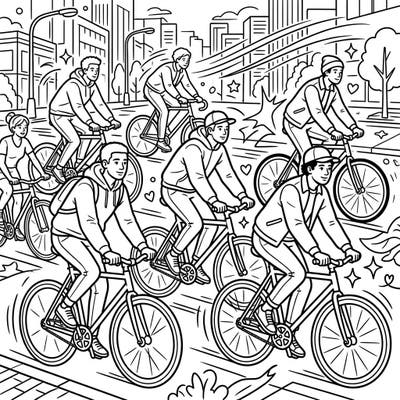 Embark on an urban adventure with this dynamic coloring page featuring a lively group of single-speed cyclists navigating city streets. Capture the essence of speed and street style as you bring vibrant colors to these active riders and their urban backdrop.