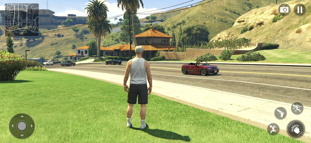 Rise of Gangsters : Crime City - Eine Figur in der Third-Person-Perspektive steht auf einer Wiese und blickt auf eine Straße mit Sportwagen in einer sonnigen Open-World-Umgebung.