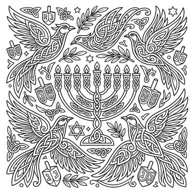 Immerse yourself in a beautiful blend of cultures with this unique coloring page, combining intricate Celtic knot birds with traditional Hanukkah symbols. Discover the joy of coloring a spiritual and festive scene that celebrates peace, freedom, and light.