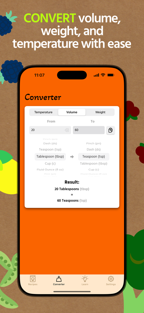 Captura de pantalla de la función de conversor de cocina de Recipe Resizer que muestra una conversión de volumen de 20 cucharadas a 60 cucharaditas en una interfaz naranja