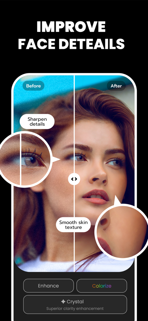 Unblur Clear Image·Enhancer AI - AI face detail enhancement showing before and after comparison with smooth skin and sharp features