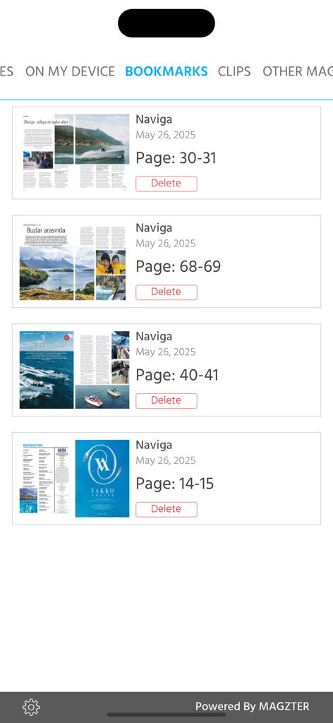 Naviga Magazine - The bookmarks screen of the Naviga Magazine app displaying saved pages of marine culture articles.