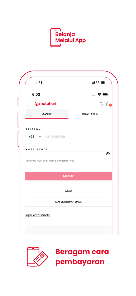 Matahari App - Matahari app login page with phone and email options