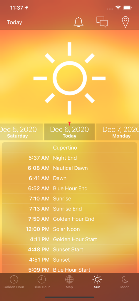 Golden Hour! - Uma lista de eventos solares como nascer do sol, pôr do sol e horários da hora dourada no aplicativo Golden Hour