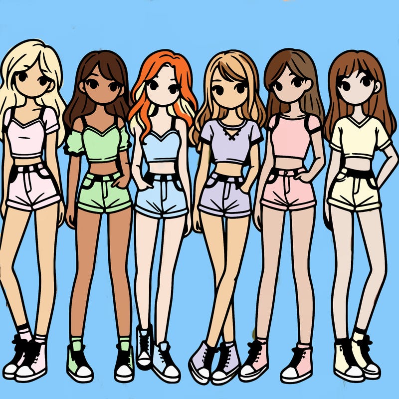 a group of girls wearing crop tops and shorts