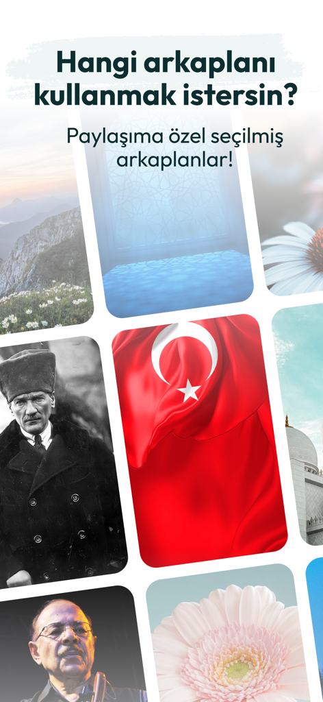 Eine Galerie von Hintergrundbildern für Social-Media-Zitate, einschließlich der türkischen Flagge, eines Porträts von Mustafa Kemal Atatürk und Naturlandschaften.