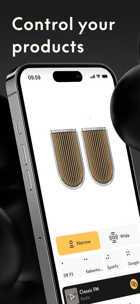 Una pantalla de smartphone que muestra la interfaz de la aplicación Bang and Olufsen con controles para el ancho del sonido del altavoz y las fuentes de música