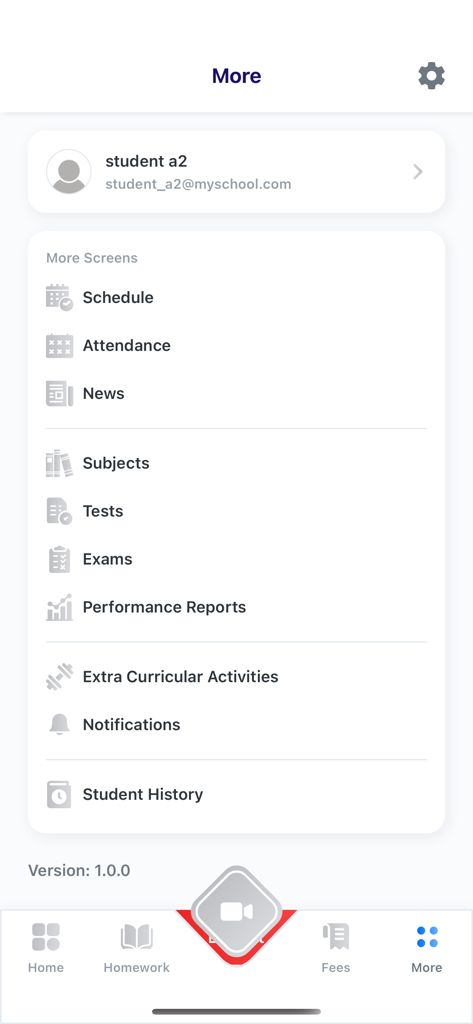 My School LMS - My School LMS app more menu screen showing features like schedule attendance and performance reports