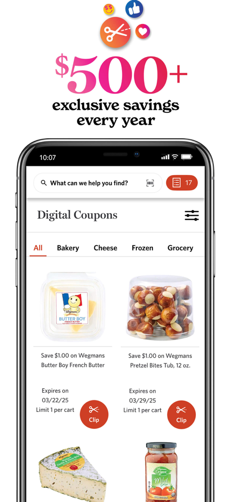 Wegmans - A smartphone showing the Wegmans app digital coupons screen with options to clip savings on groceries like butter and pretzel bites.