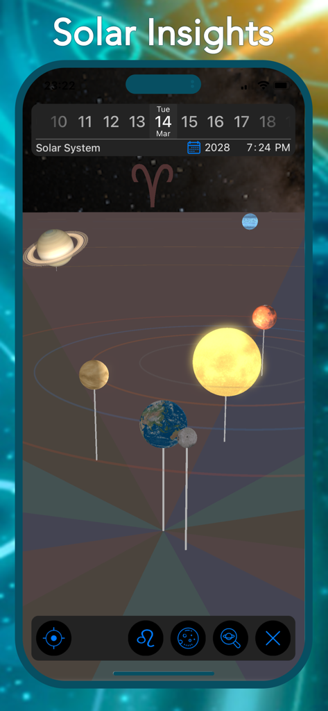 Tela do aplicativo Astro Future mostrando uma visão 3D do sistema solar com planetas e percepções astrológicas