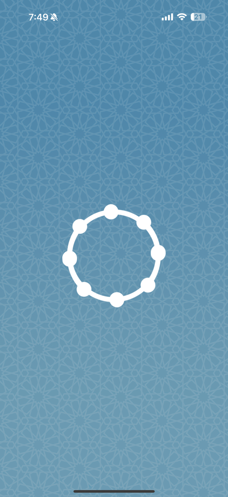 المسبحة الالكترونية - Electronic Misbaha app splash screen with a white prayer bead icon on a blue geometric pattern background