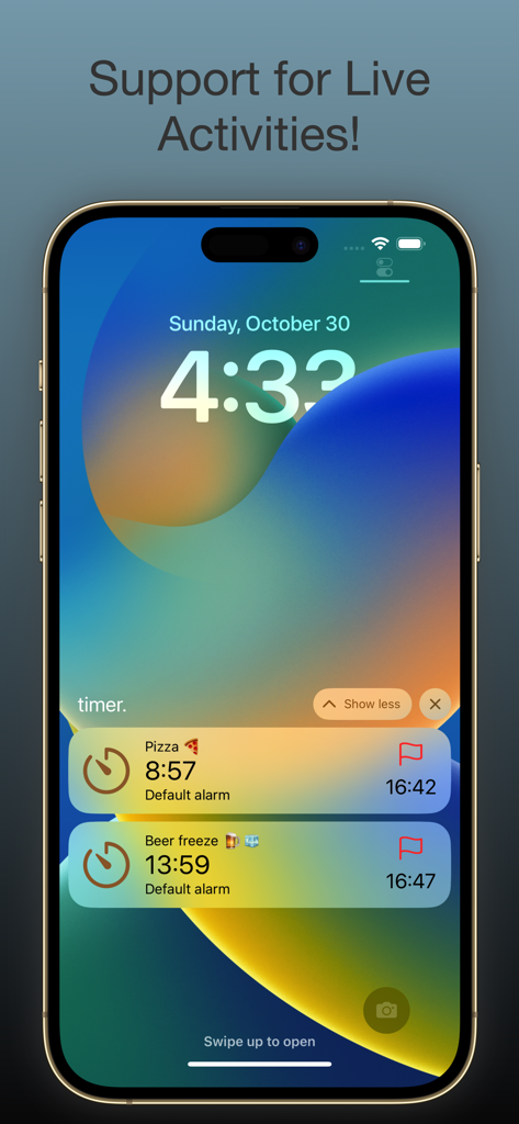 timer. - Multi Countdown Timer - iPhone lock screen showing two concurrent countdown timers for pizza and beer freeze using the Live Activities feature