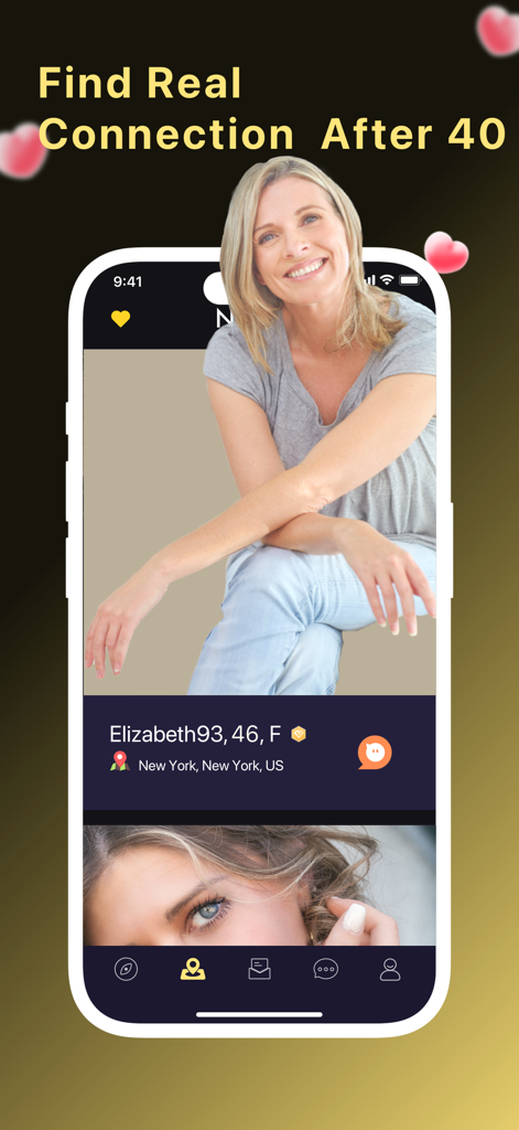 Interfaccia dell'app mobile Silverly che mostra il profilo di una donna over 40 e il testo Trova una connessione reale dopo i 40.