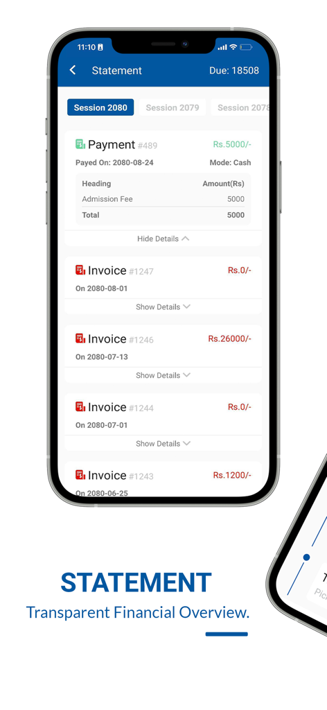 Écran mobile de l'application Bright App affichant un relevé détaillé des frais scolaires avec l'historique des paiements et les factures.