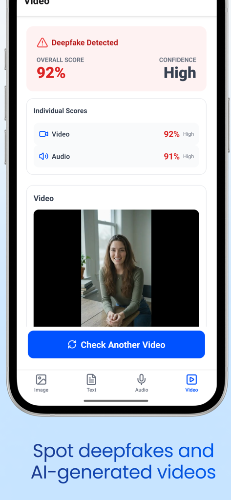 TruthScan app interface displaying a 92 percent deepfake detection score for a video with high confidence ratings for both video and audio components.