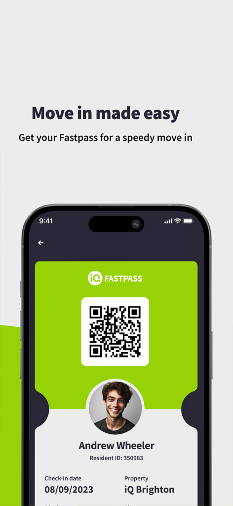 iQ Student Accommodation - iQ Student Accommodation app screen showing a digital Fastpass with a QR code for resident move-in