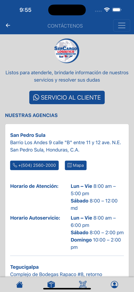 SerCargo Logistics - Contact screen of the SerCargo Logistics app showing agency addresses and business hours in San Pedro Sula Honduras