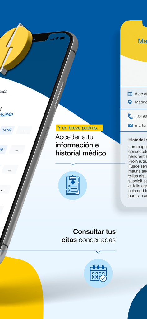 Captura de pantalla de la aplicación móvil CEMTRO que muestra el historial médico y las secciones de reserva de citas