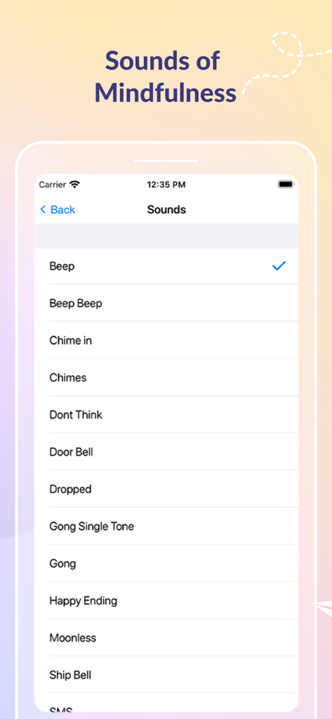 A list of available sounds for hourly notifications in the Hourly Chime app including beeps and mindfulness gongs