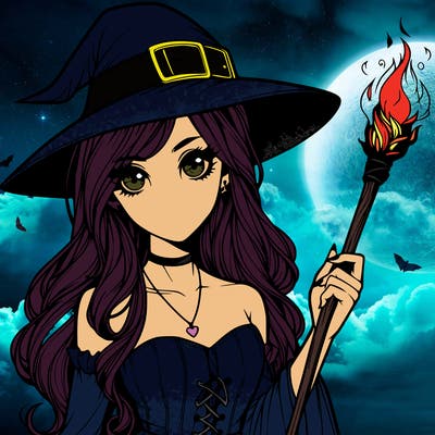 realistic witch girl with a wand and long hair