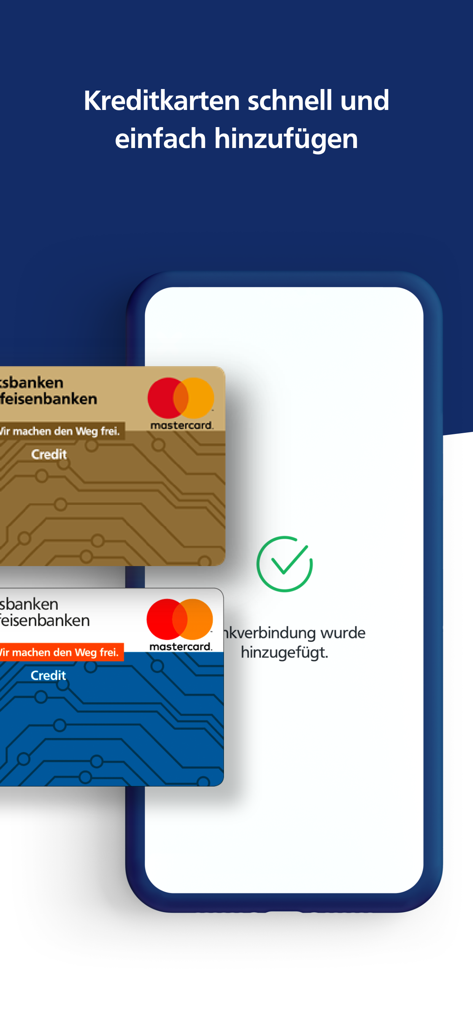 Interface of VR SecureGo plus app showing the addition of credit cards with a success confirmation.