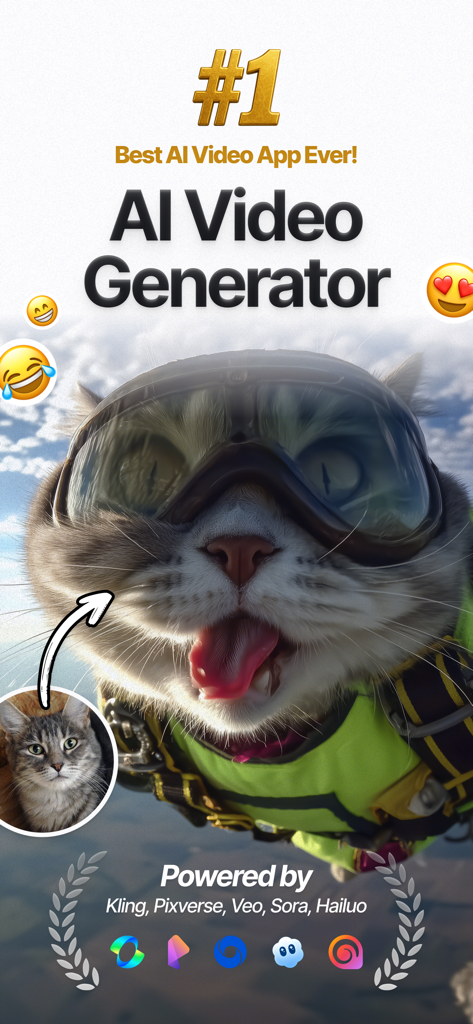 Doozy AI: Video Generator - Captura de pantalla promocional de la aplicación Doozy AI que muestra una foto estática de un gato transformada en un vídeo de IA de un gato haciendo paracaidismo con gafas
