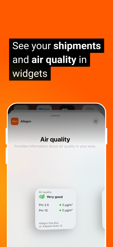 Widget da aplicação móvel Allegro mostrando informações locais sobre a qualidade do ar e atualizações de rastreio de remessas