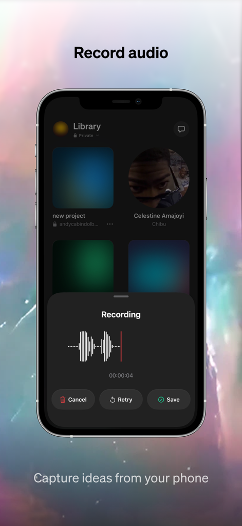 Baton - Unreleased Music - 라이브 파형과 음악 창작자를 위한 캡처 옵션이 있는 오디오 녹음 화면을 보여주는 Baton 앱 인터페이스
