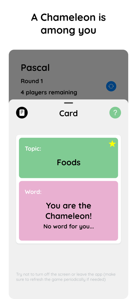 A mobile game screen from the Chameleon app showing a player assigned the Chameleon role for the topic Foods