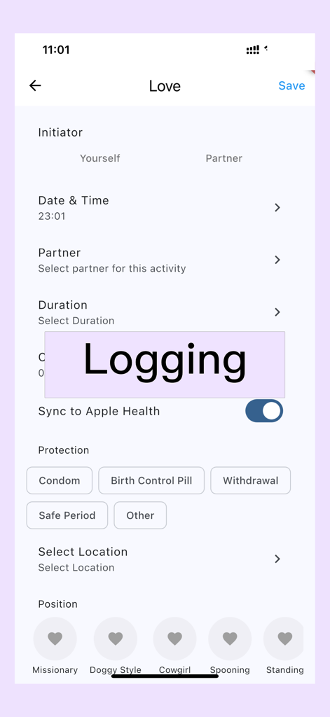 Sexual Calendar - Pantalla de registro de la aplicación Calendario Sexual que muestra opciones para registrar el iniciador, la duración, la protección y las posiciones
