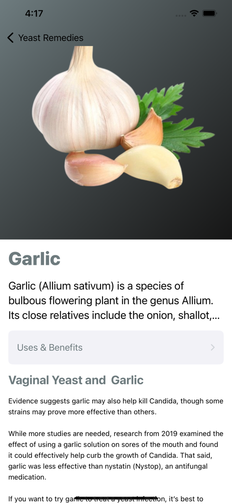 Ein Bildschirm einer mobilen Anwendung, der die Verwendung von Knoblauch als natürliches Mittel gegen Scheidenpilz mit einem Bild von Knoblauchzehen erklärt.