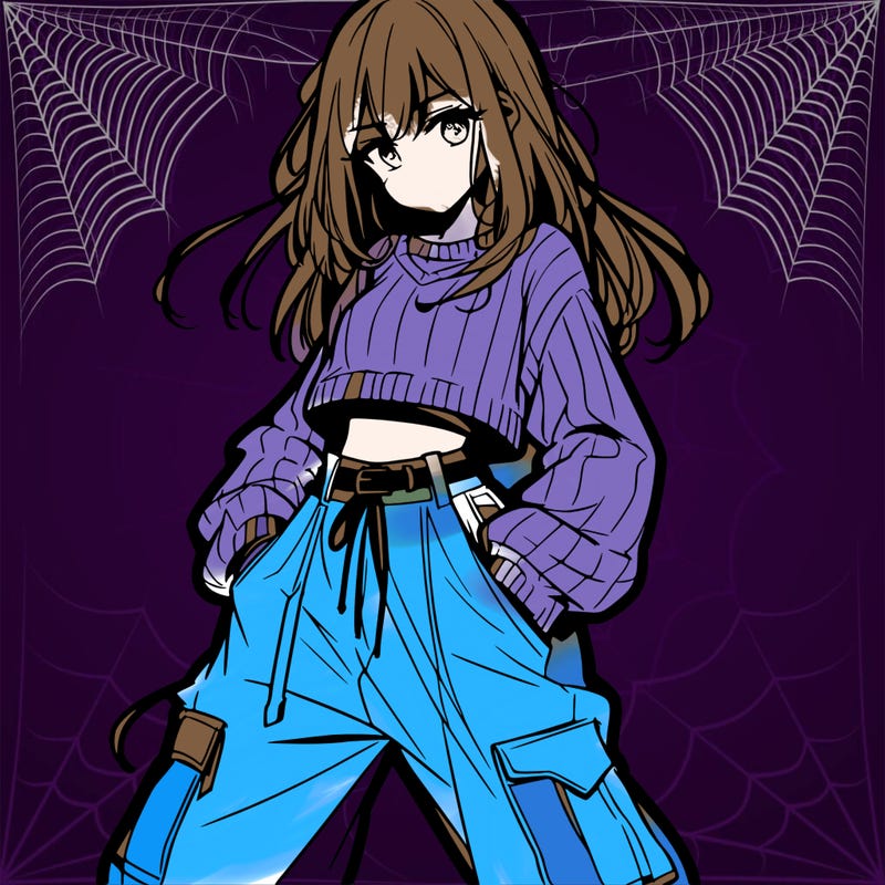 anime teen girl with baggy pants and crop top with sweater