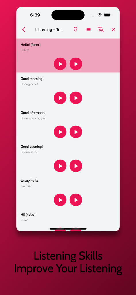 Italian learning app listening practice screen with common greetings and audio playback buttons