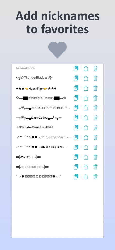 A list of custom gaming nicknames saved to favorites with symbols and unique fonts.