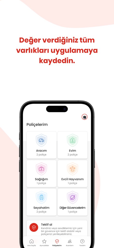 Aksigorta app interface showing different insurance policy types