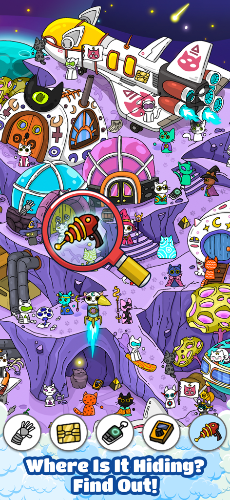 Scavenger Hunt－Hidden objects! - Un nivel vibrante con temática espacial en Búsqueda del Tesoro con gatos de dibujos animados y una lupa resaltando una pistola de rayos oculta.